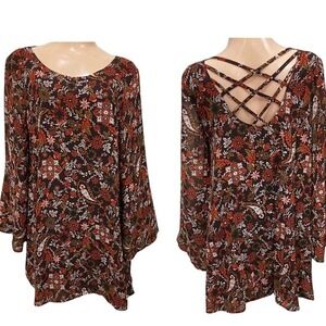 Love Kuza Floral Mini Dress Criss Cross‎ Festival Bell Sleeve Bohemian Small